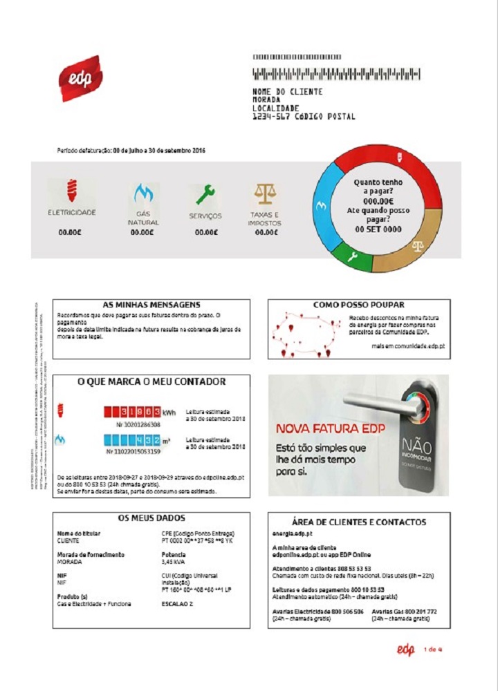 Portugal EDP utility bill template in Word and PDF format, good for address prove